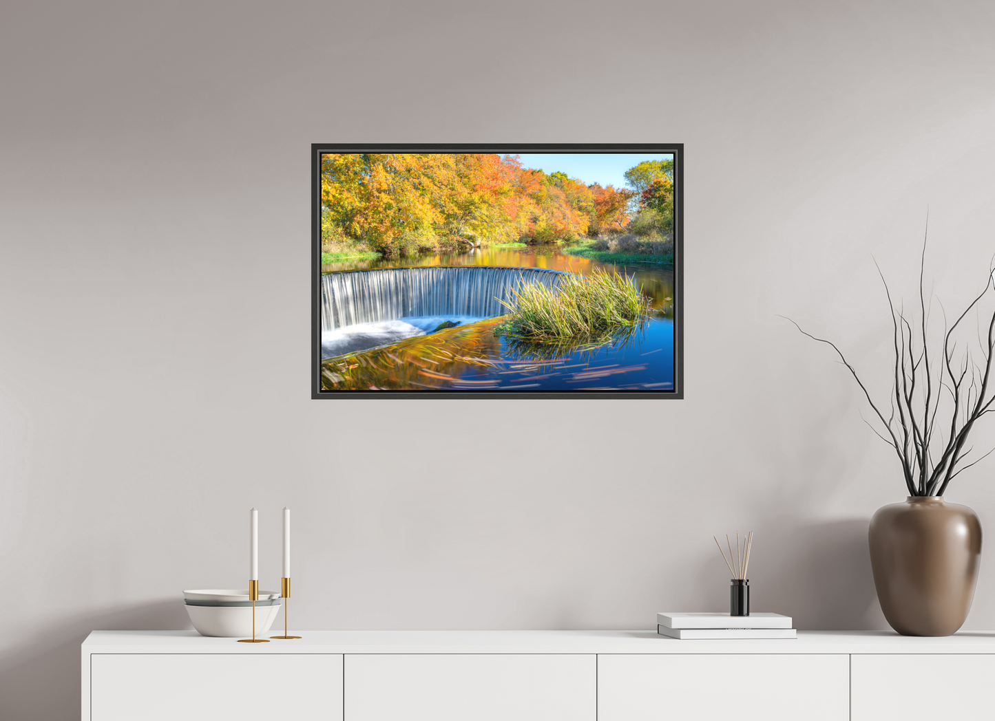 30 x 20″, Matte Canvas Print with Black Wood Floater Frame Peak Fall Colors Over Horseshoe Falls