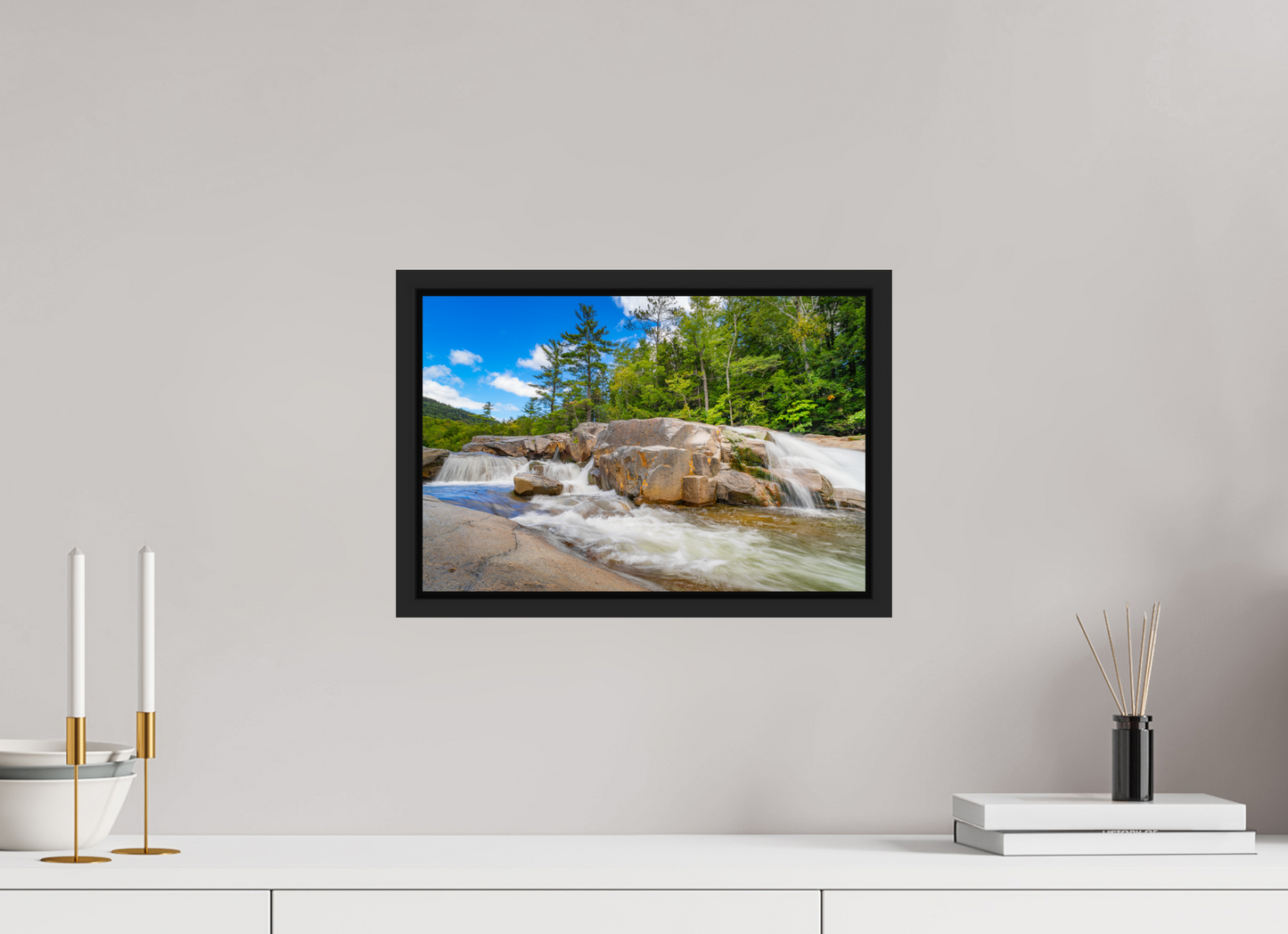 15 x 10″, Photo Print under Acrylic Glass with Black Wood Floater Frame Kancamagus Waterfall