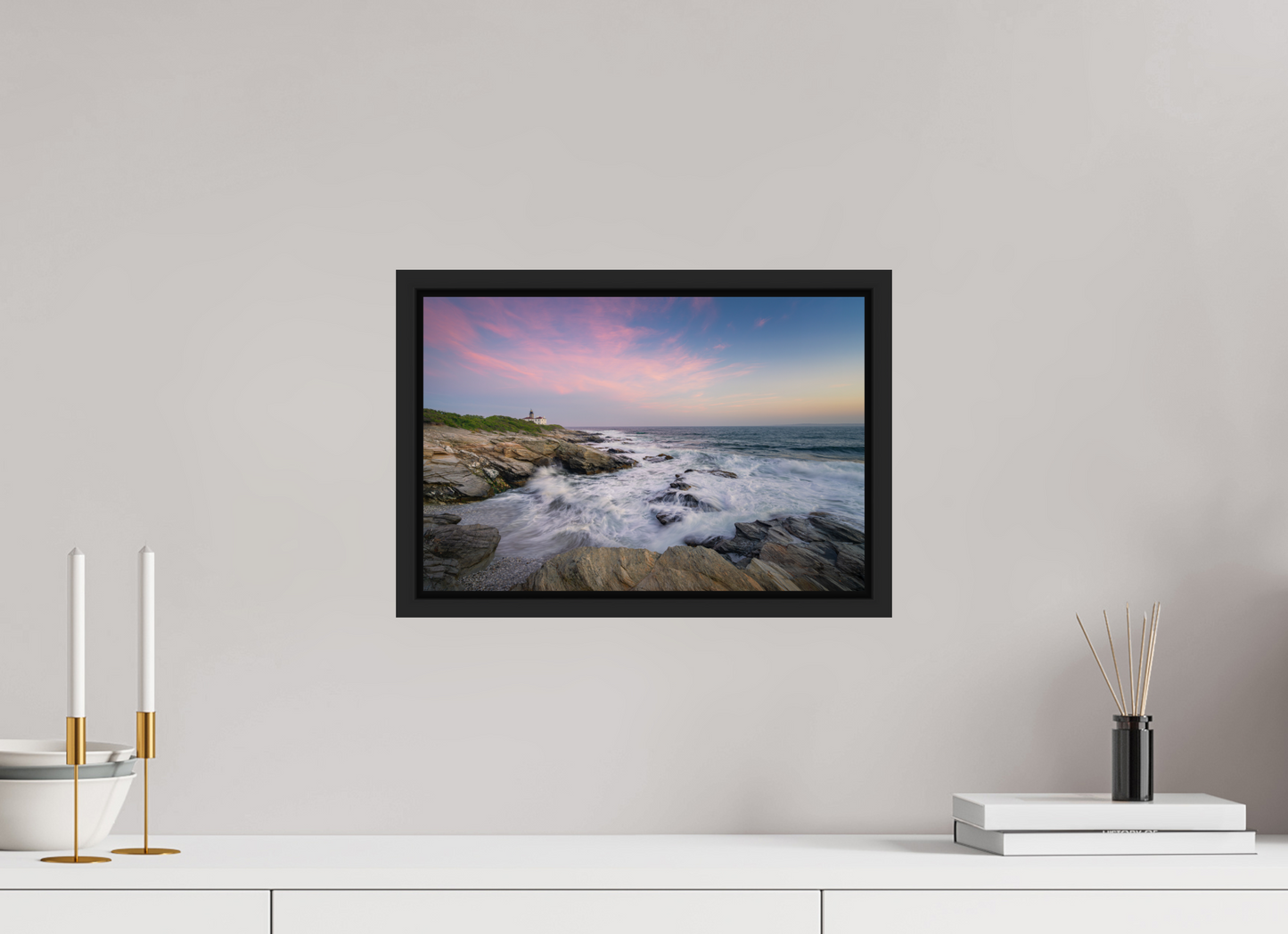 15 x 10″, Premium ChromaLuxe HD Aluminum Metal Print with Black Wood Floater Frame Rough Seas at Sunset