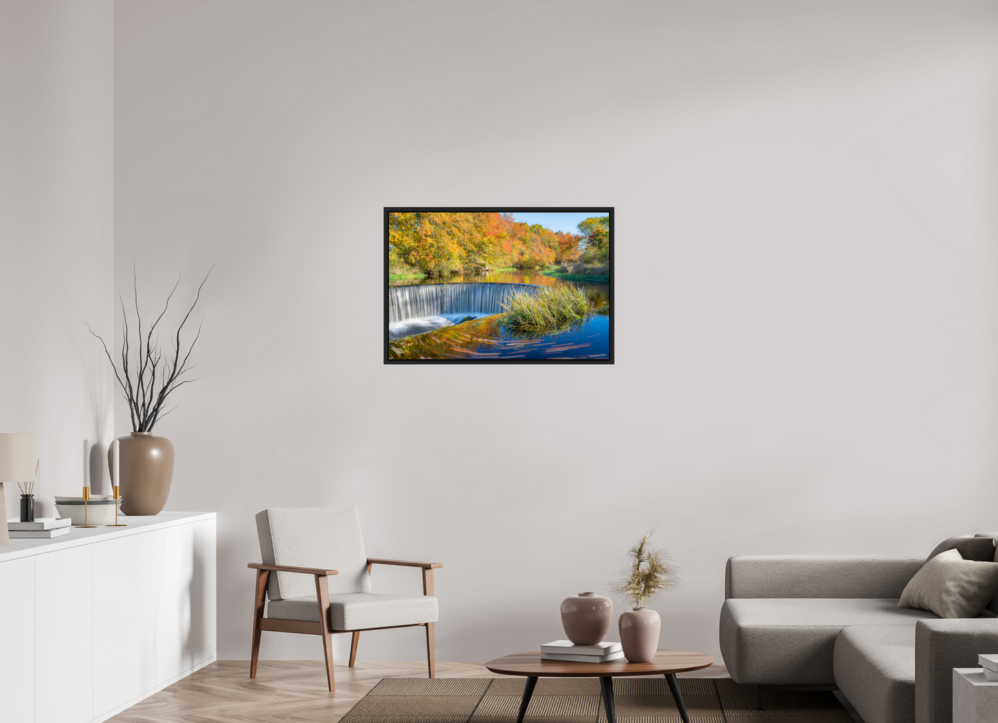 36 x 24″, Photo Print under Acrylic Glass with Black Wood Floater Frame Peak Fall Colors Over Horseshoe Falls