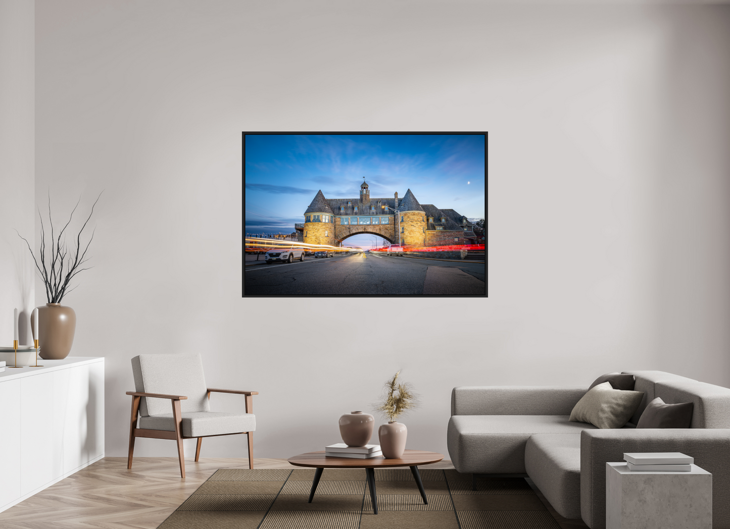 66 x 44″, ChromaLuxe HD Metal Print with Black Wood Floater Frame Narragansett Towers and Light Trails