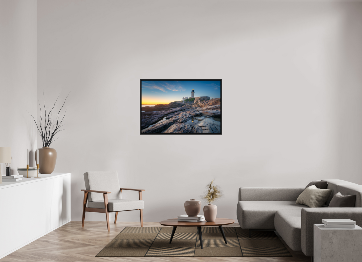 45 x 30″, Premium ChromaLuxe HD Aluminum Metal Print with Black Wood Floater Frame Beavertail Lighthouse Tide Pool Reflection