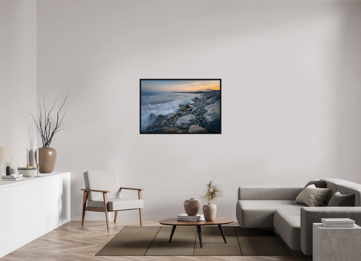 45 x 30″, Premium Photo Print under Acrylic Glass with Black Wood Floater Frame Waves Crashing at Camp Cronin