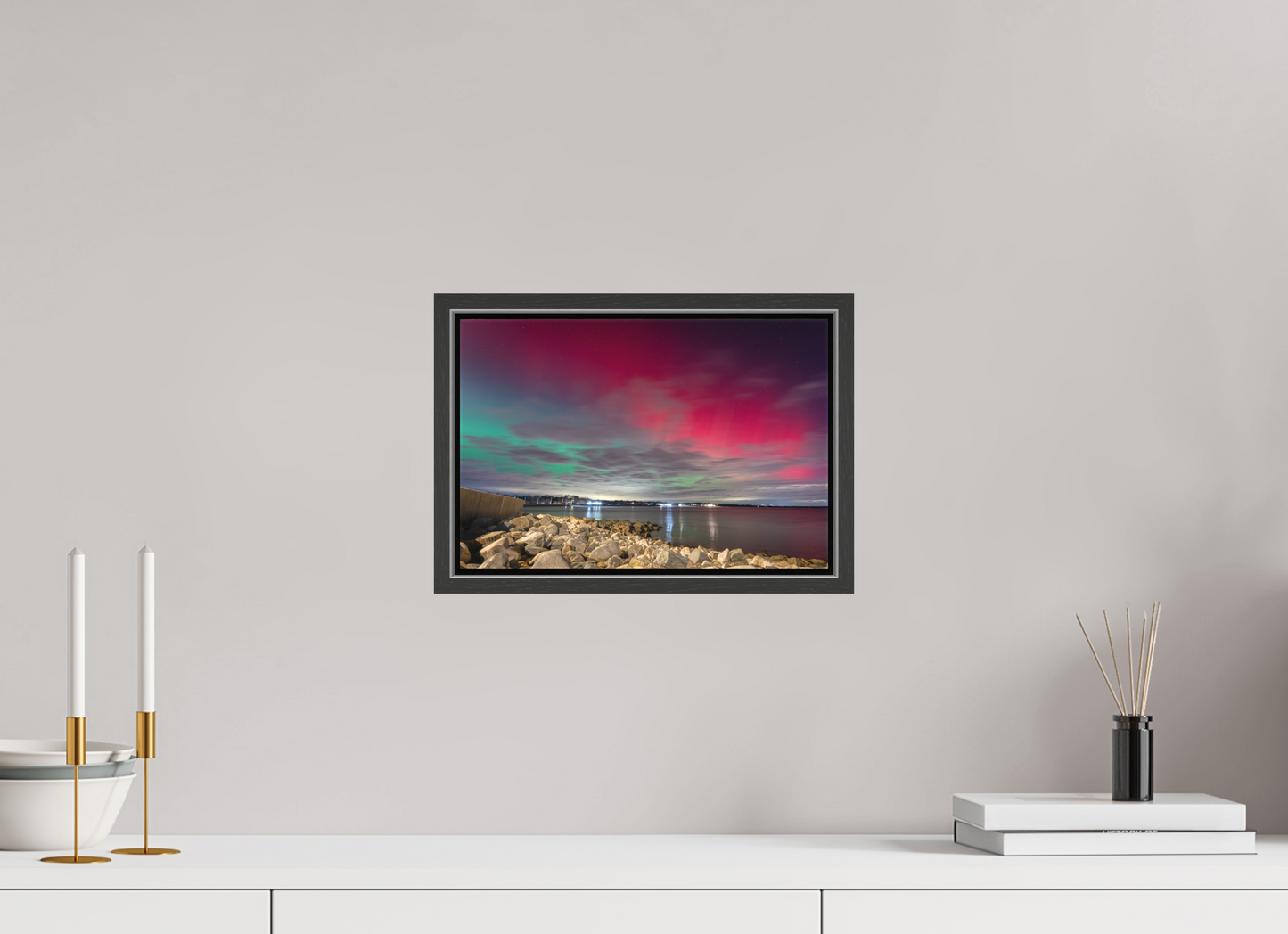 12 x 8″, Matte Canvas Print with Black Wood Floater Frame The Aurora Borealis over Narragansett Beach