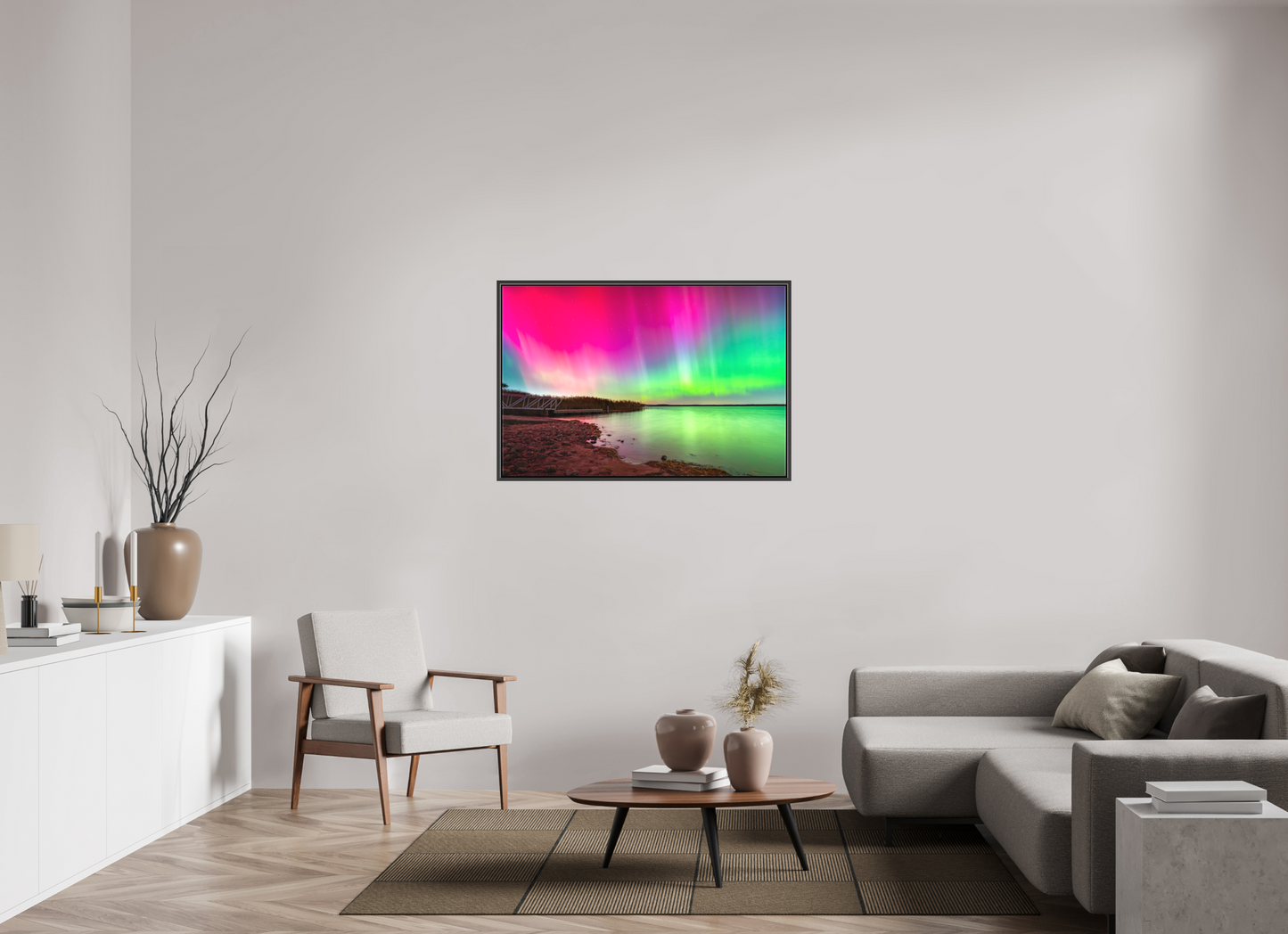 45 x 30″, Matte Canvas Print with Black Wood Floater Frame Aurora Borealis Over Wordens Pond