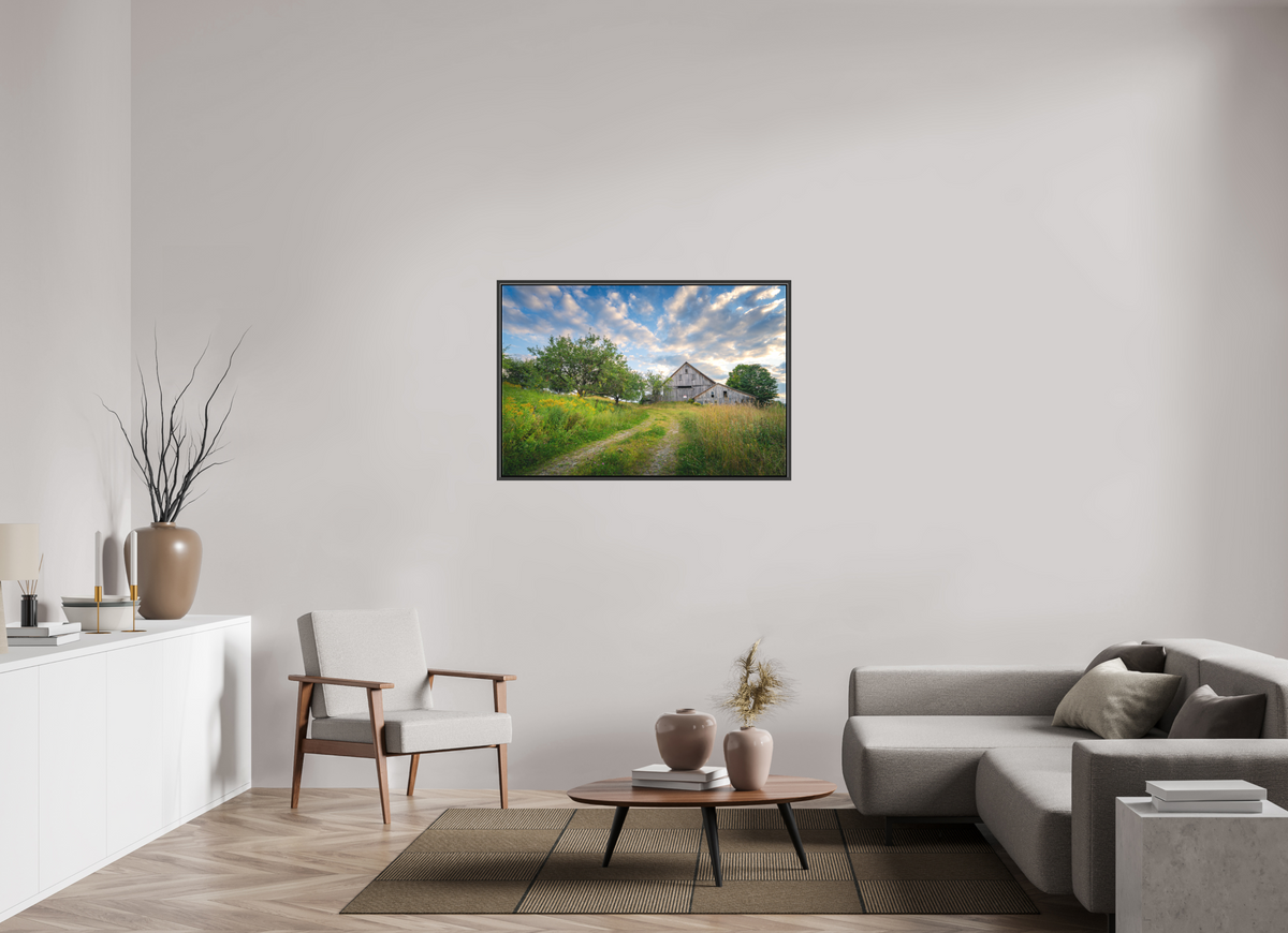 45 x 30″, Matte Canvas Print with Black Wood Floater Frame Countryside Barn