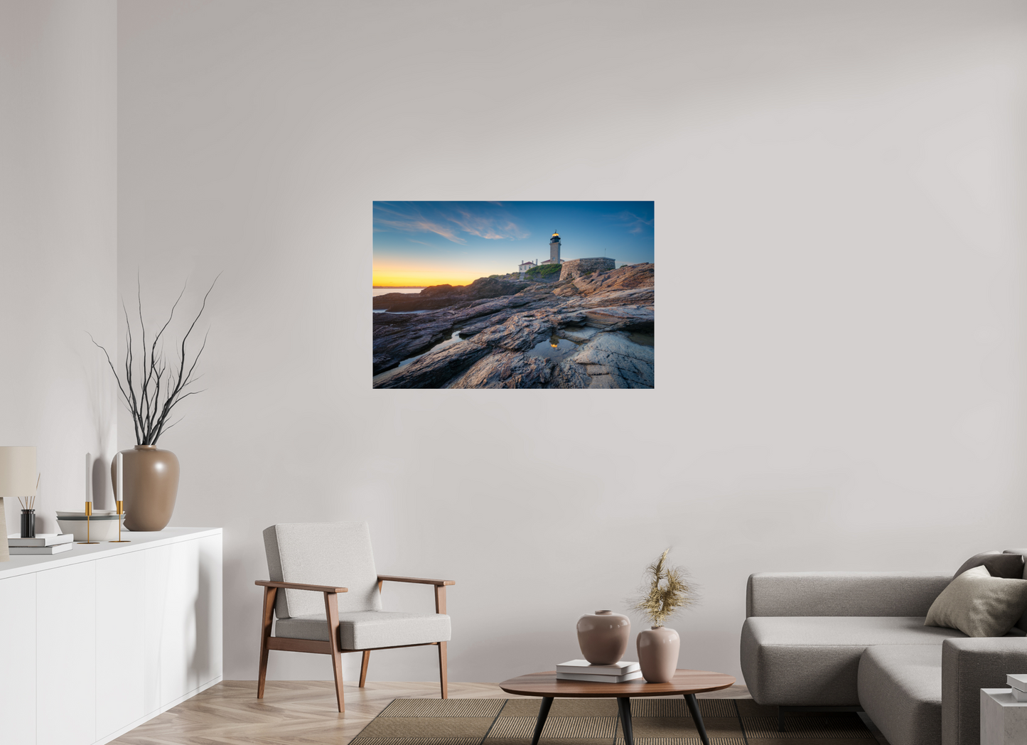 45 x 30″, Premium Photo Print under Acrylic Glass Beavertail Lighthouse Tide Pool Reflection