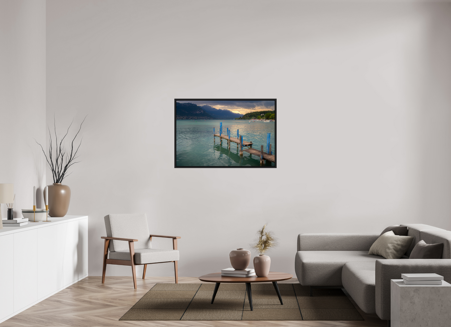 45 x 30″, Photo Print under Acrylic Glass with Black Wood Floater Frame Thunderstorm over Lake Annecy