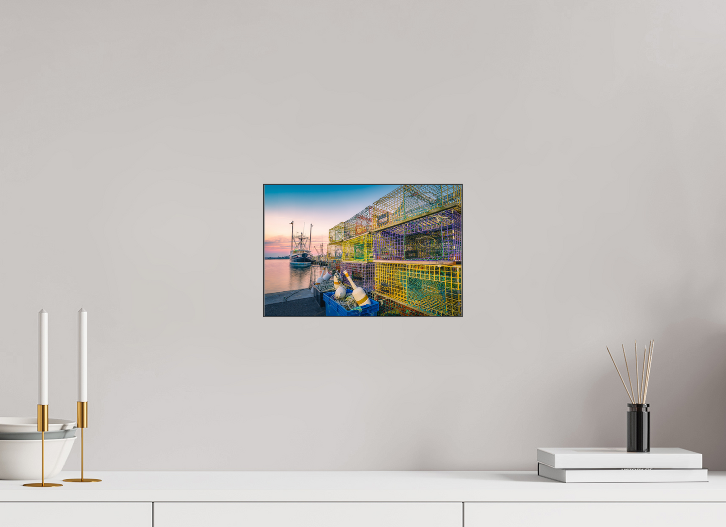 12 x 8″, Premium Photo Print under Acrylic Glass with Black Slimline Case A Wall of Colorful Lobster Pots