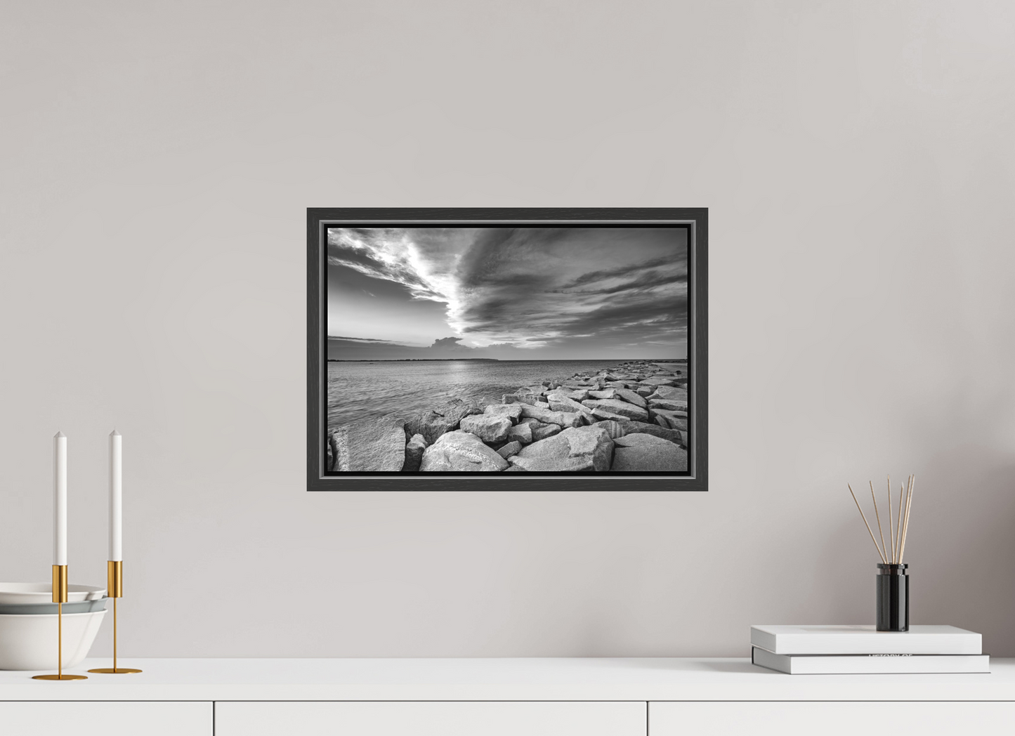 15 x 10″, Matte Canvas Print with Black Wood Floater Frame Overlooking Old Harbor