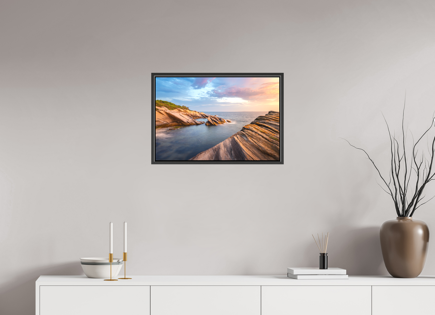 24 x 16″, Matte Canvas Print with Black Wood Floater Frame Favorite Spot at Beavertail