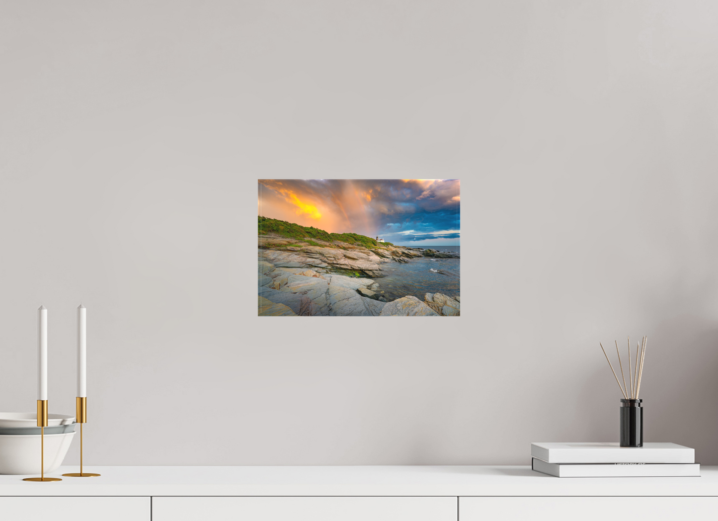 12 x 8″, Matte Canvas Print Rainbow Over Beavertail Lighthouse