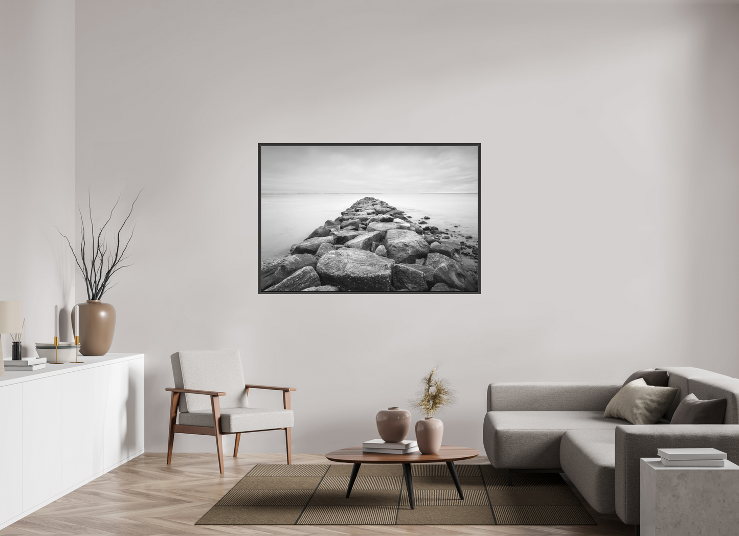 60 x 40″, Matte Canvas Print with Black Wood Floater Frame Sand Hill Cove Rocks