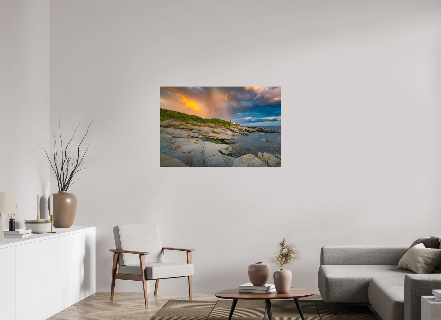 45 x 30″, Premium Metallic Effect Photo Print on Fuji Crystal Pearl Paper Rainbow Over Beavertail Lighthouse