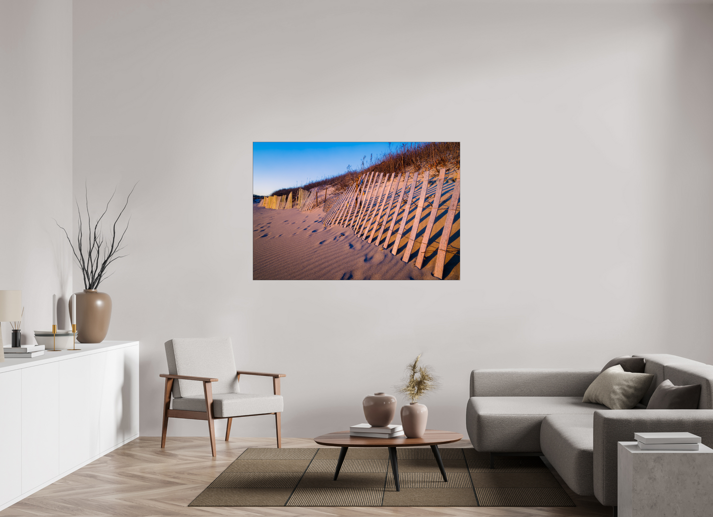 60 x 40″, Photo Print under Acrylic Glass with Black Slimline Case Sunset Glow on Sand Hill Cove Dunes