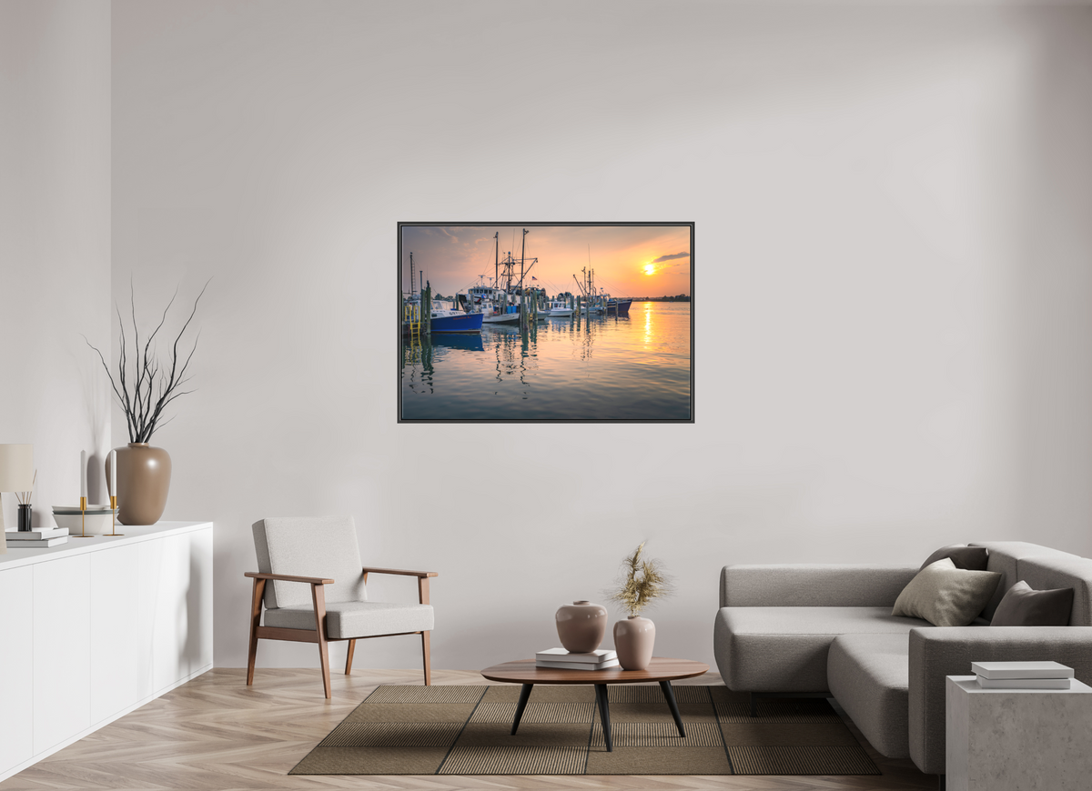 54 x 36″, Matte Canvas Print with Black Wood Floater Frame Boats at Sunset