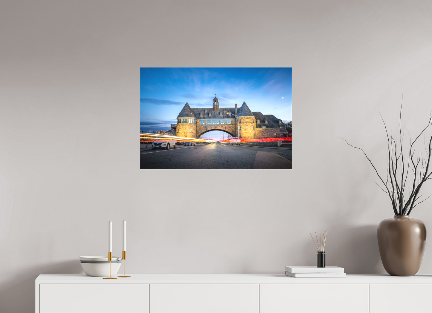 30 x 20″, Matte Canvas Print Narragansett Towers and Light Trails