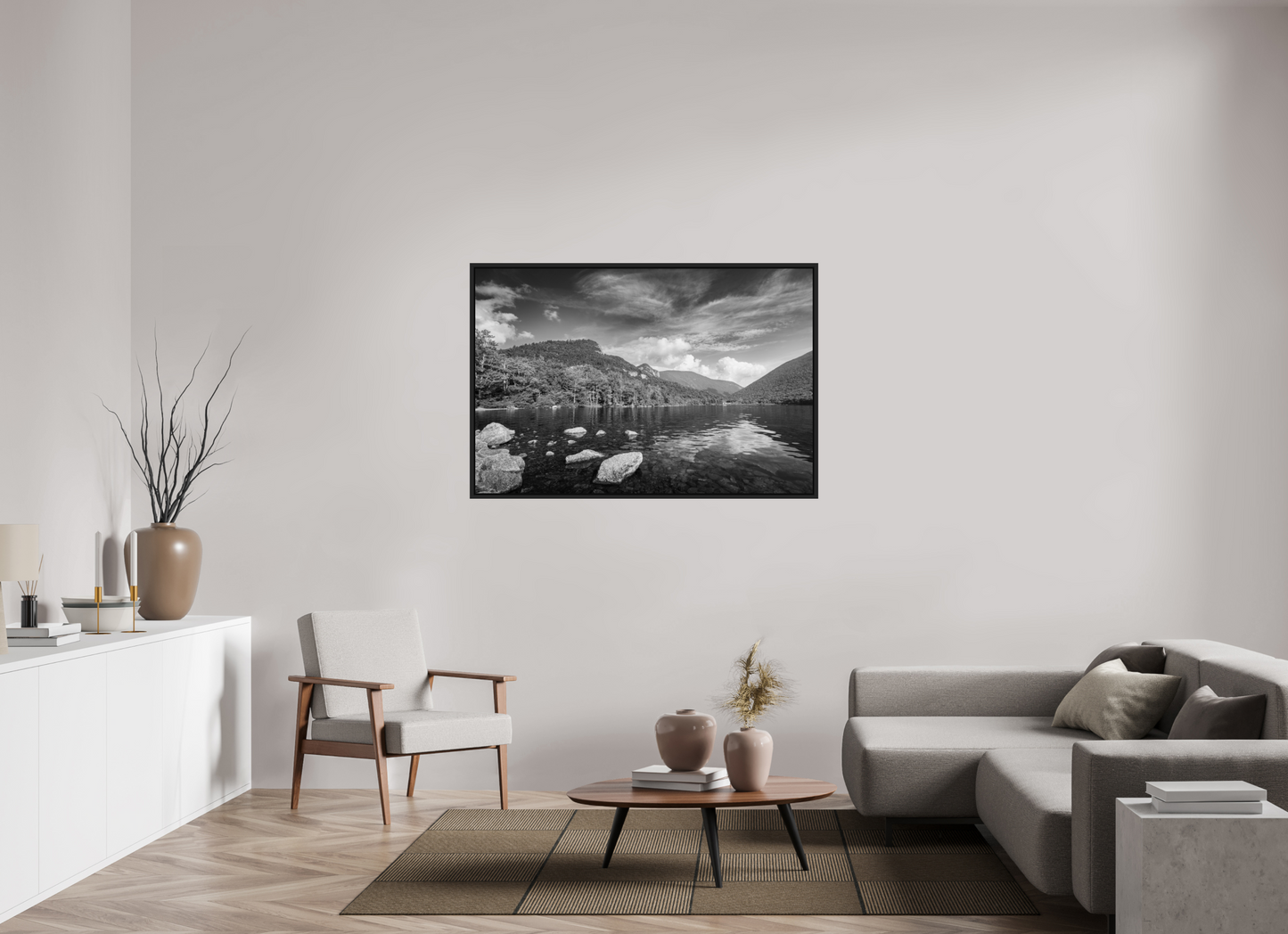 54 x 36″, Photo Print under Acrylic Glass with Black Wood Floater Frame Overlooking Echo Lake