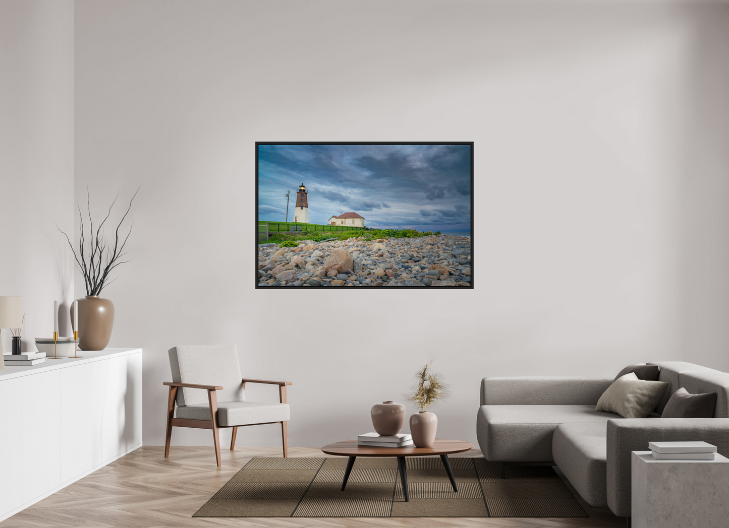 60 x 40″, Photo Print under Acrylic Glass with Black Wood Floater Frame The Point Judith Lighthouse