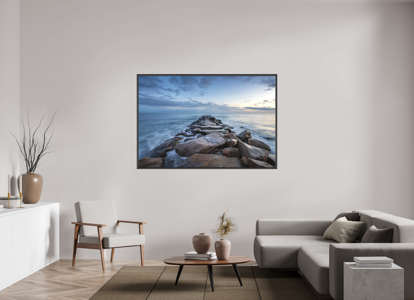 66 x 44″, Matte Canvas Print with Black Wood Floater Frame Roger Wheeler State Beach at Blue Hour