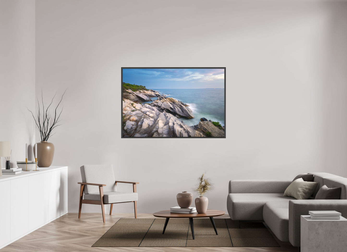 60 x 40″, Matte Canvas Print with Black Wood Floater Frame Blue Hour at Beavertail