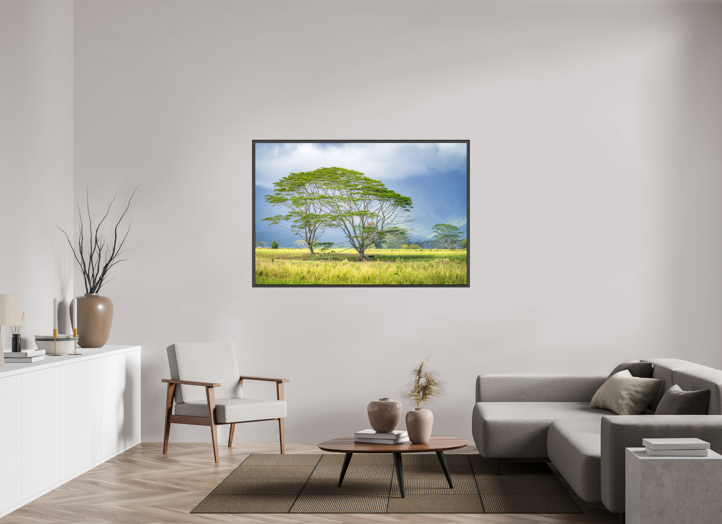 60 x 40″, Matte Canvas Print with Black Wood Floater Frame Savanna Trees of Kauai
