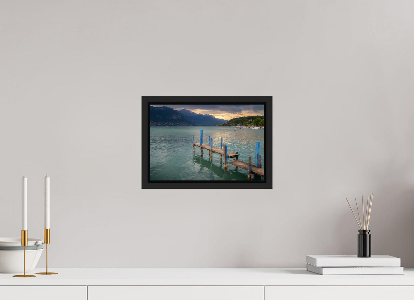 12 x 8″, Photo Print under Acrylic Glass with Black Wood Floater Frame Thunderstorm over Lake Annecy
