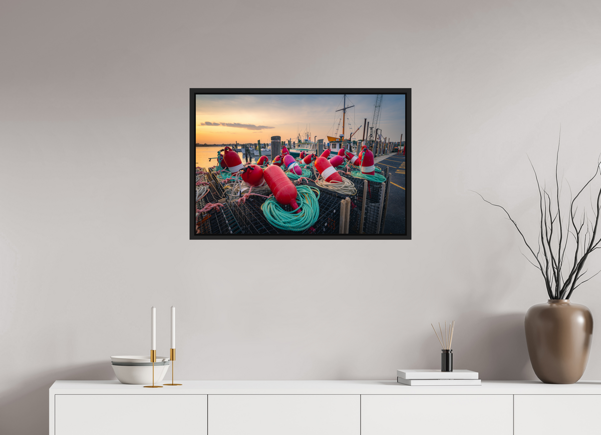 30 x 20″, Premium Photo Print under Acrylic Glass with Black Wood Floater Frame Buoys, Boats, and Lobster Pots