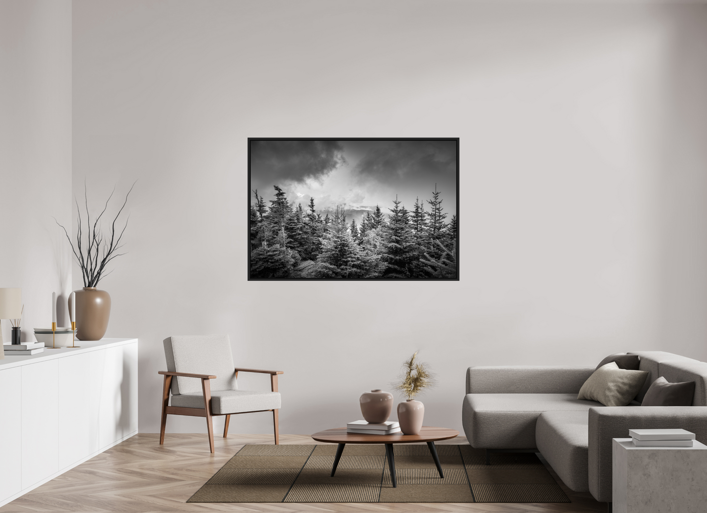 60 x 40″, ChromaLuxe HD Metal Print with Black Wood Floater Frame Pines in Mountain Clouds