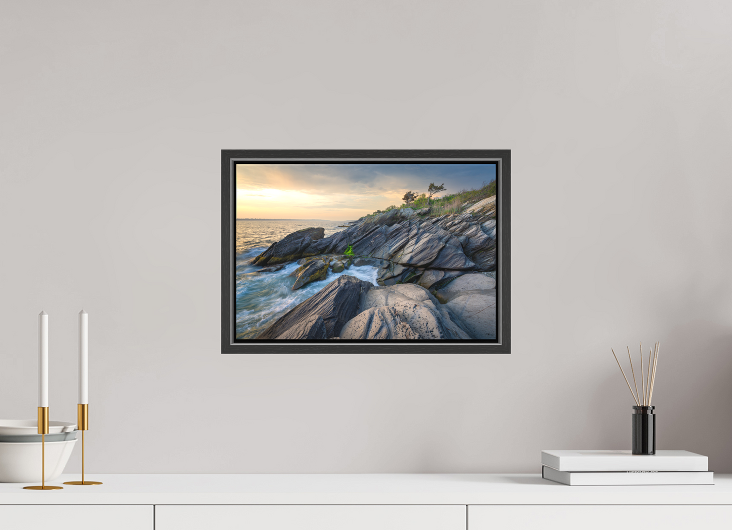 15 x 10″, Matte Canvas Print with Black Wood Floater Frame Sunset Glow at Beavertail