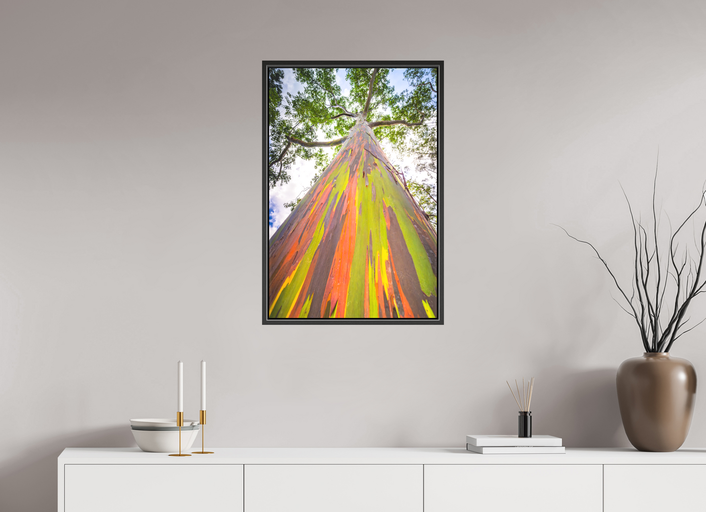 20 x 30″, Matte Canvas Print with Black Wood Floater Frame Rainbow Eucalyptus Tree