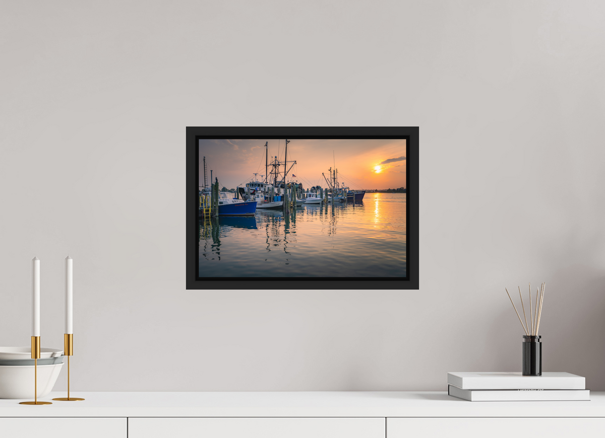 15 x 10″, Premium ChromaLuxe HD Aluminum Metal Print with Black Wood Floater Frame Boats at Sunset