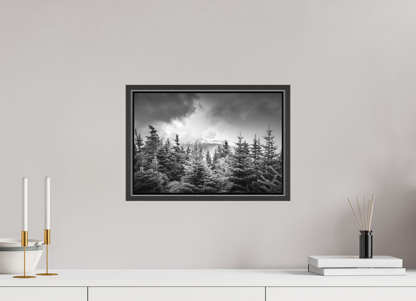 15 x 10″, Matte Canvas Print with Black Wood Floater Frame Pines in Mountain Clouds