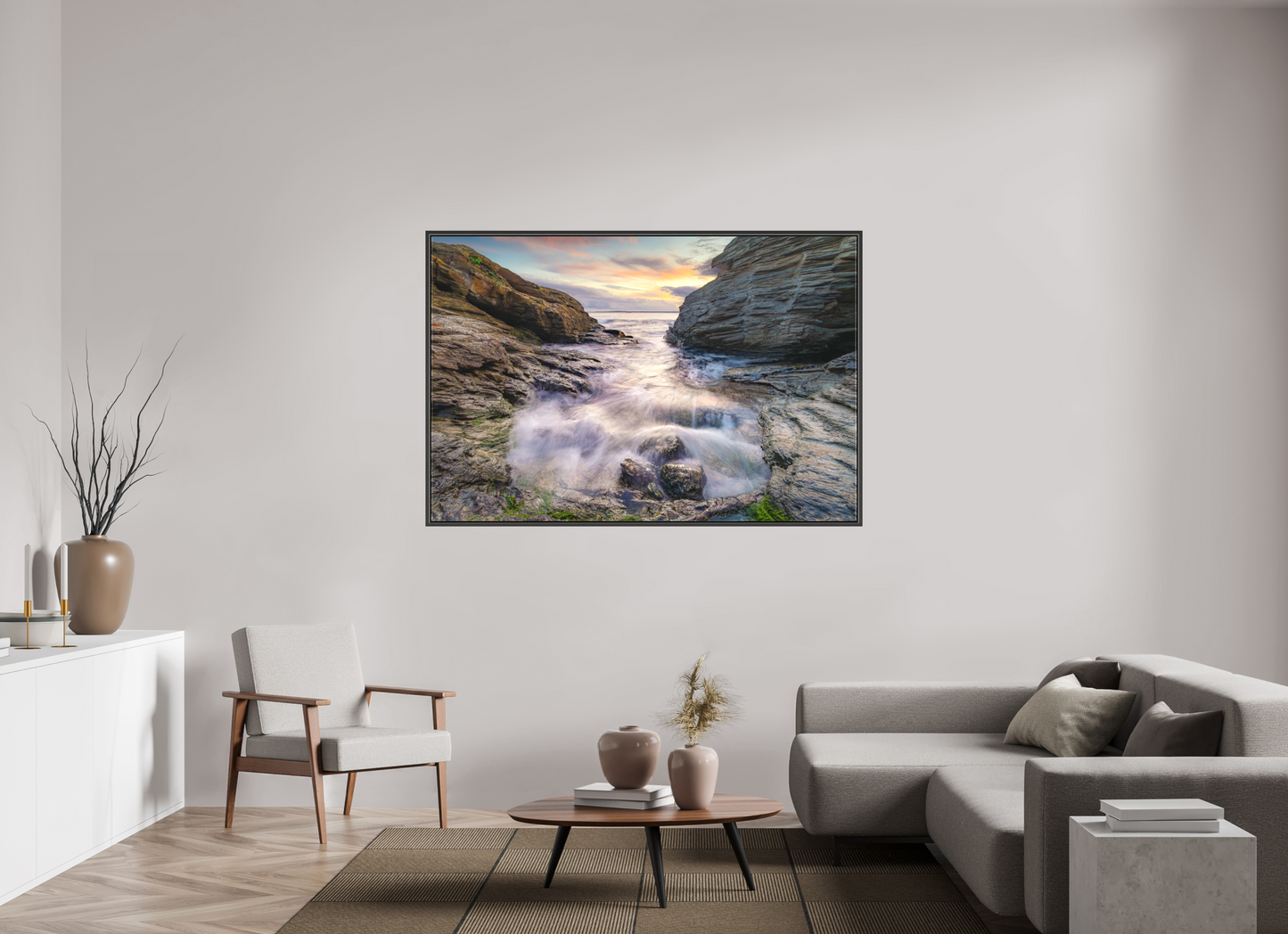 66 x 44″, Matte Canvas Print with Black Wood Floater Frame Waves Approaching