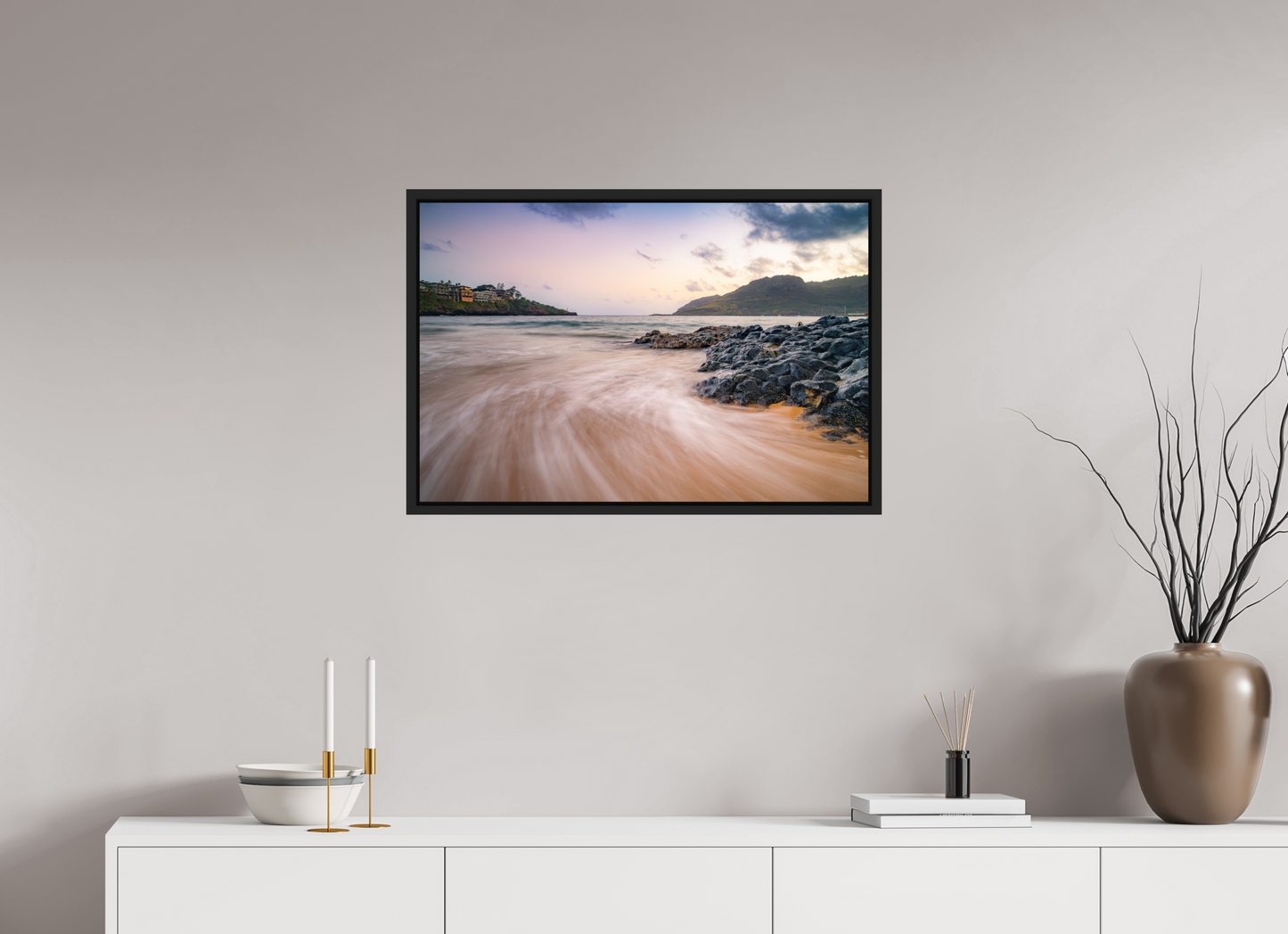30 x 20″, Photo Print under Acrylic Glass with Black Wood Floater Frame Waves Retreating