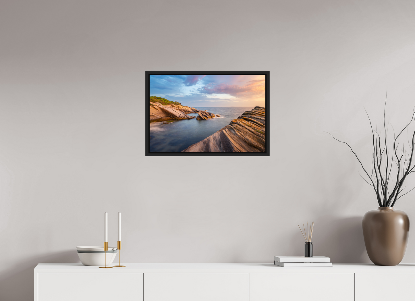 24 x 16″, Premium Photo Print under Acrylic Glass with Black Wood Floater Frame Favorite Spot at Beavertail