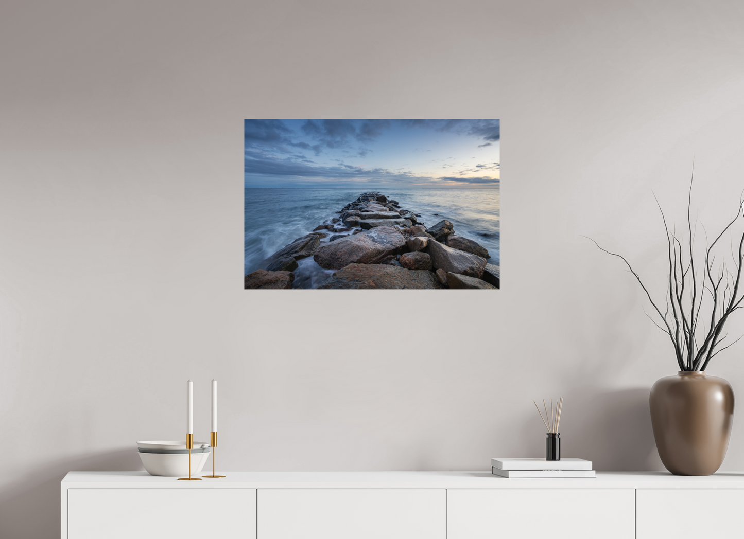 30 x 20″, Metallic Photo Print on Fuji Crystal Pearl Roger Wheeler State Beach at Blue Hour