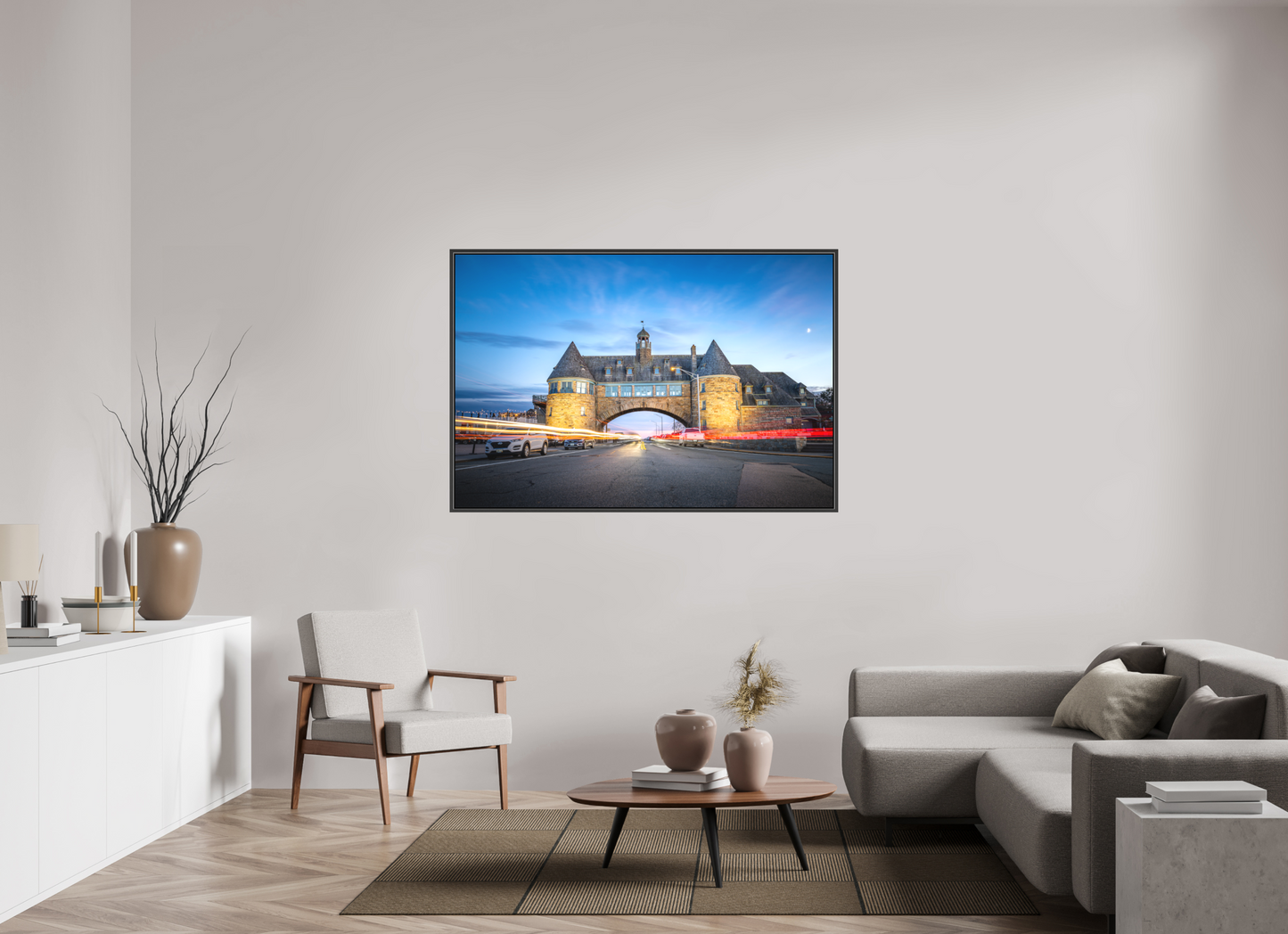 60 x 40″, Matte Canvas Print with Black Wood Floater Frame Narragansett Towers and Light Trails