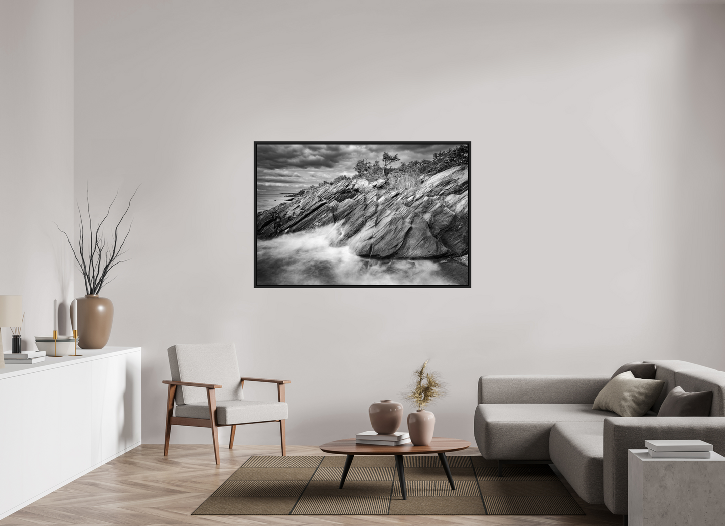 60 x 40″, ChromaLuxe HD Metal Print with Black Wood Floater Frame Rough Seas Against Beavertail Cliffs