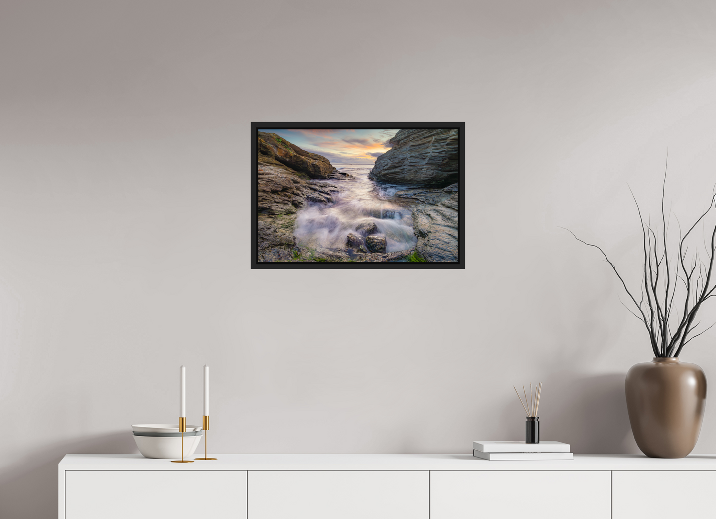 24 x 16″, Photo Print Under Acrylic Glass with Black Wood Floater Frame Waves Approaching