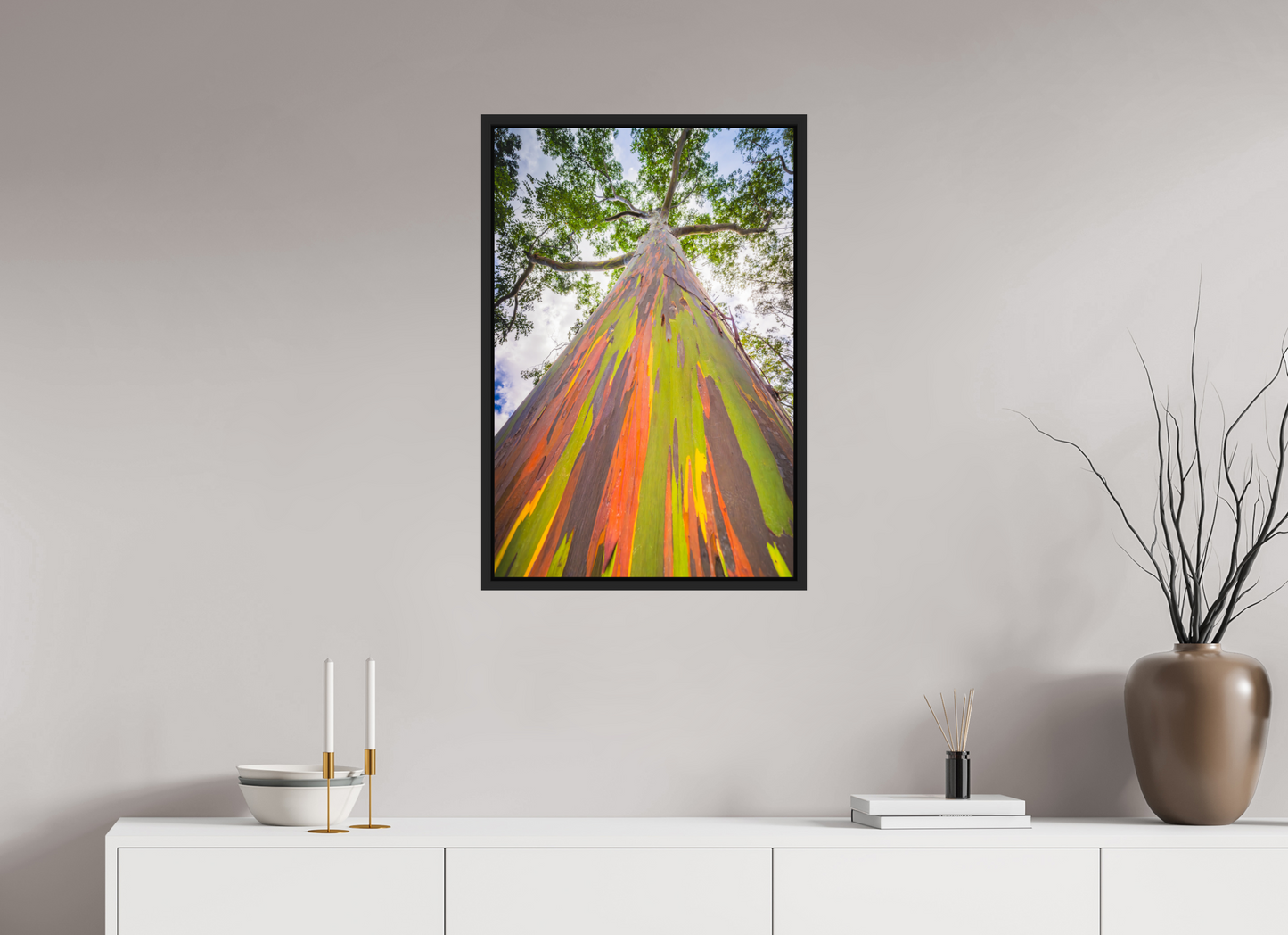 20 x 30″, Photo Print under Acrylic Glass with Black Wood Floater Frame Rainbow Eucalyptus Tree