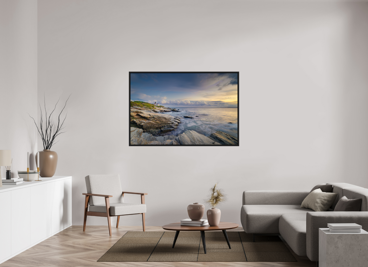 60 x 40″, Photo Print Under Acrylic Glass with Black Wood Floater Frame Twilight at Beavertail Lighthouse