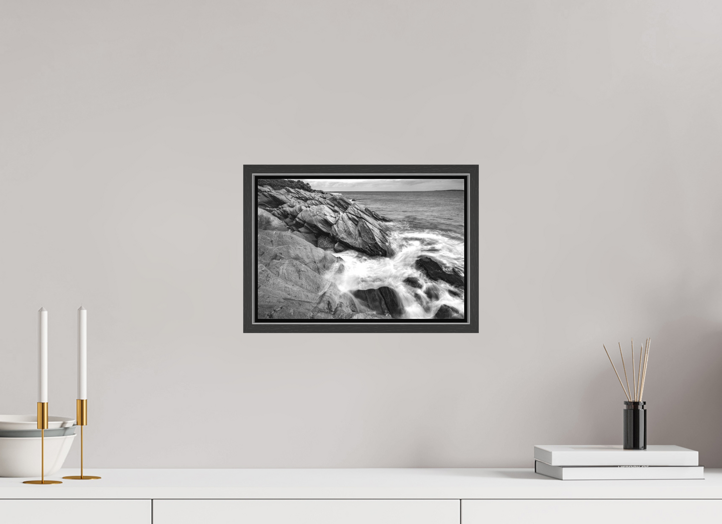 12 x 8″, Matte Canvas Print with Black Wood Floater Frame Beavertail Cliffs