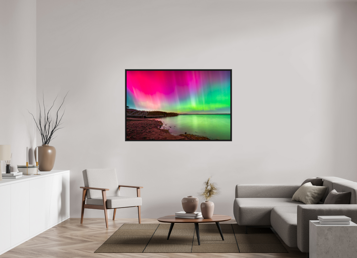 60 x 40″, ChromaLuxe HD Metal Print with Black Wood Floater Frame Aurora Borealis Over Wordens Pond