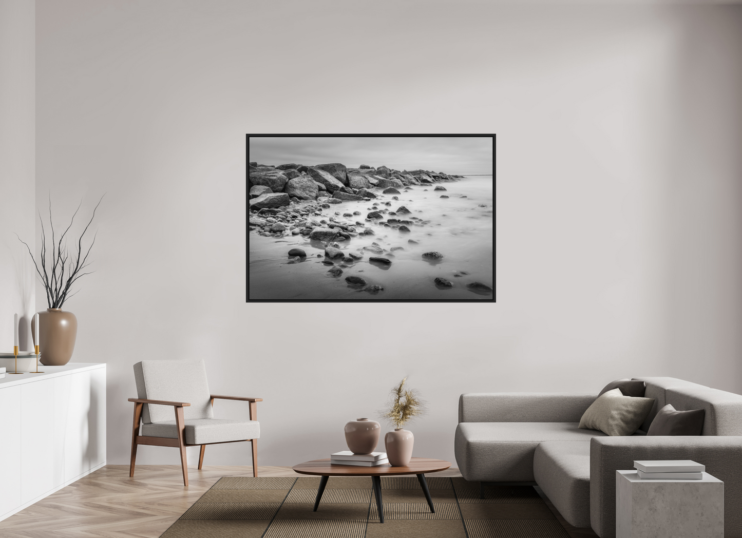 66 x 44″, ChromaLuxe HD Metal Print with Black Wood Floater Frame Overcast Morning at Sand Hill Cove