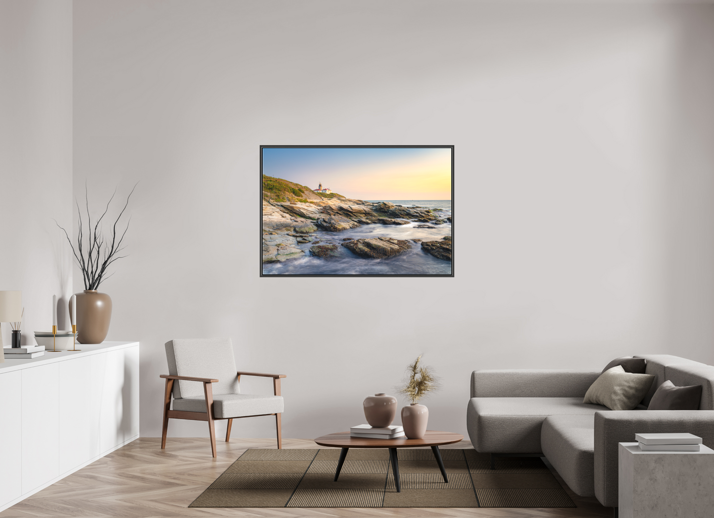 54 x 36″, Matte Canvas Print with Black Wood Floater Frame Quiet Sunset at Beavertail Lighthouse