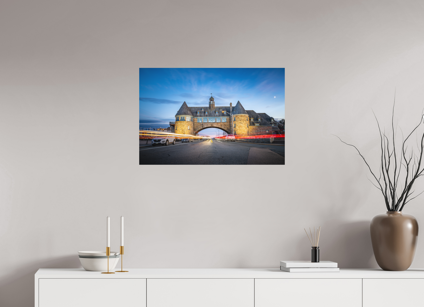 30 x 20″, Matte Photo Print on Fuji Crystal DP II Narragansett Towers and Light Trails