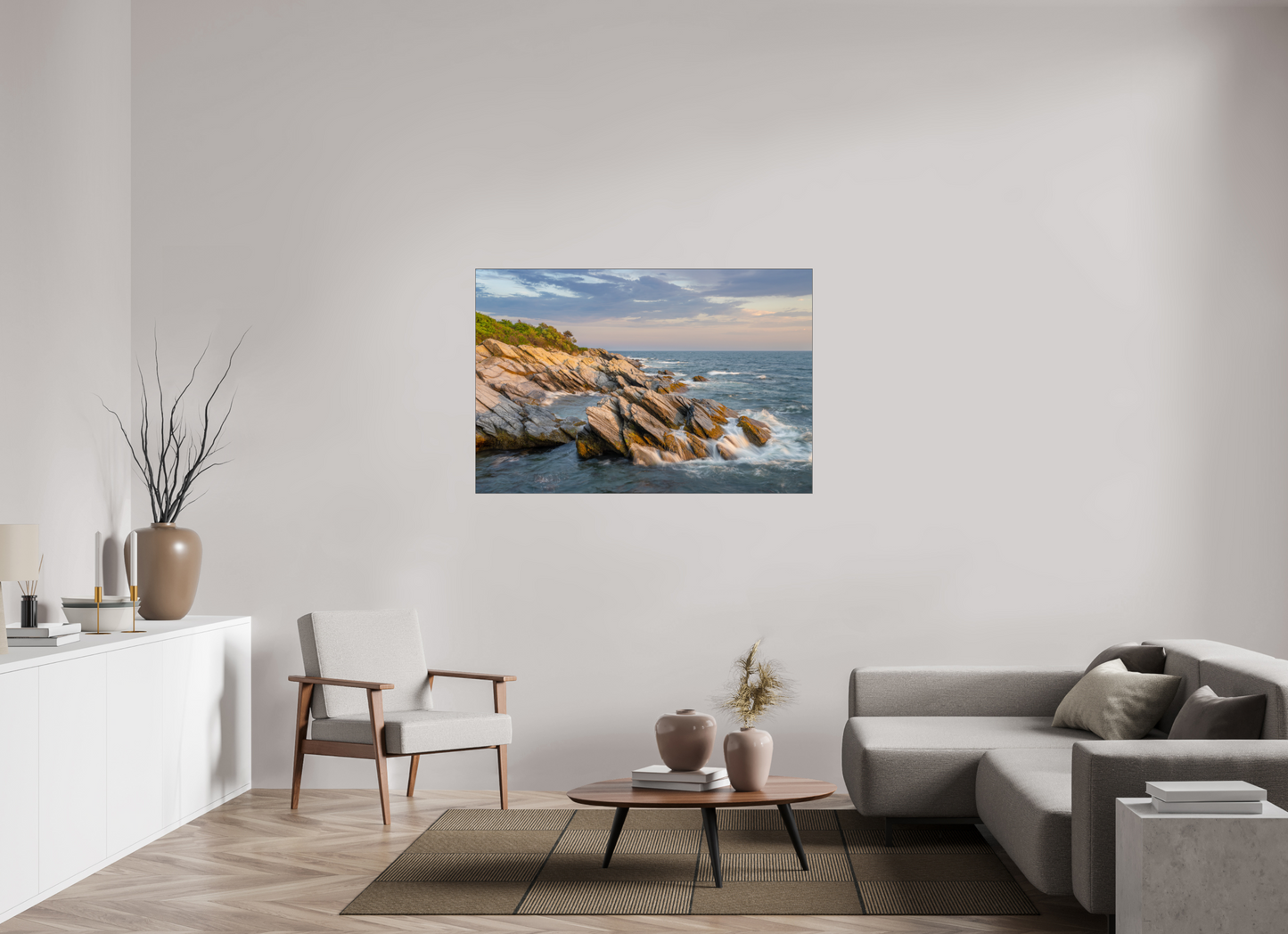 54 x 36″, Premium Photo Print under Acrylic Glass with Black Slimline Case Beavertail Cliffs Approaching Sunset