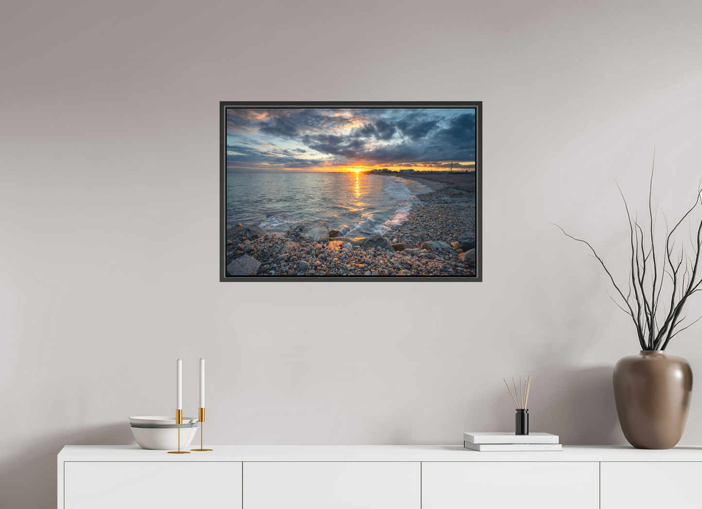 30 x 20″, Matte Canvas Print with Black Wood Floater Frame Roger Wheeler State Beach Sunset