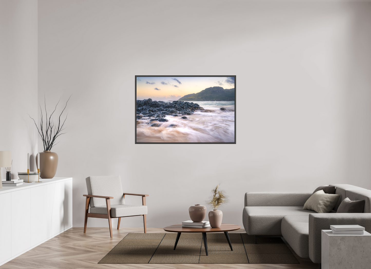 54 x 36″, Matte Canvas Print with Black Wood Floater Frame Lihue Sunset